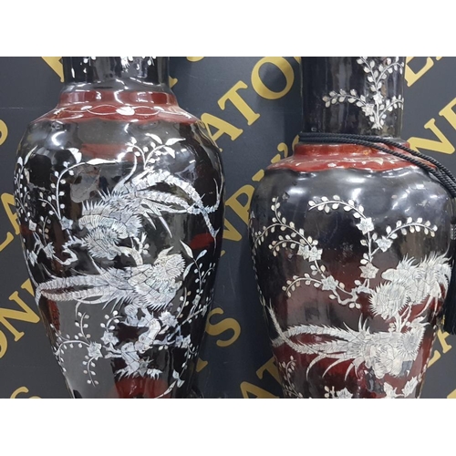 6 - TWO MASSIVE ORIENTAL COMPOSITE VASES SHOWING AS MOTHER OF PEARL INLAY BOTH ON STANDS TOGETHER  WITH ... 