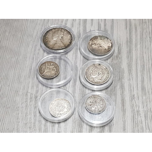 9 - 6 VARIOUS SILVER WORLD COINS INCLUDING FRENCH NAPOLEON III ITALY EGYPT LEBANON CENTS FRANCS QIRSH ET... 
