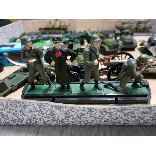 95 - COLLECTION OF DIECAST ARMY VEHICLES AND FIGURES INCLUDES DINKY TOYS AMBULANCE AND MATCHBOX ETC