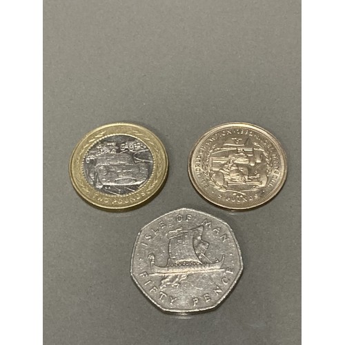 43 - THE NIGEL MANSELL 1992 £2 COIN TOGETHER WITH 1998 ISLE OF MAN SUBARU £2 COIN PLUS ISLE OF MAN 1976 5... 