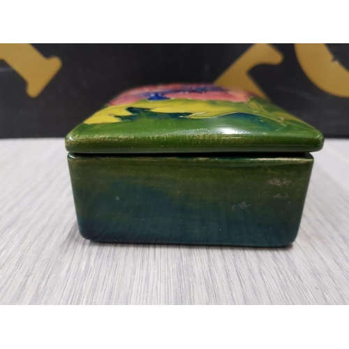 104 - MOORCROFT GREEN TRINKET BOX IN THE HIBISCUS PATTERN DAMAGE REPAIRED