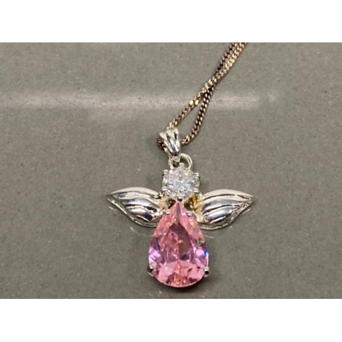 79 - SILVER PINK AND WHITE CZ ANGEL PENDANT ON SILVER CHAIN 4.8G GROSS