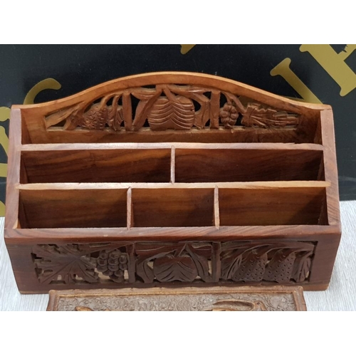 87 - EASTWOOD HAND CARVED BOX TOGETHER WITH CARVED HARDWOOD LETTER RACK PLUS ONE OTHER