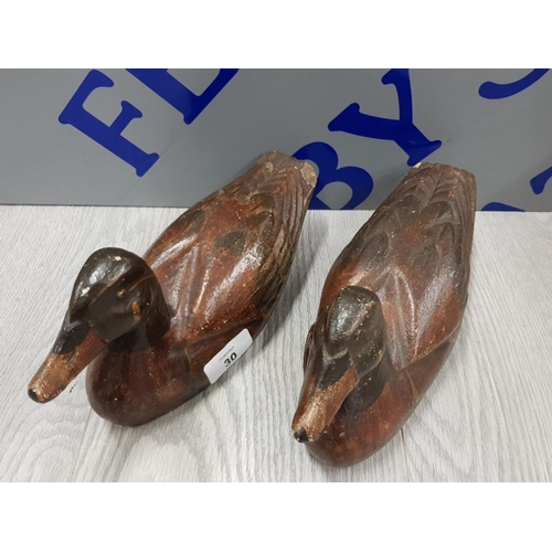 30 - MATCHING PAIR HAND CARVED WOODEN DECOY DUCKS