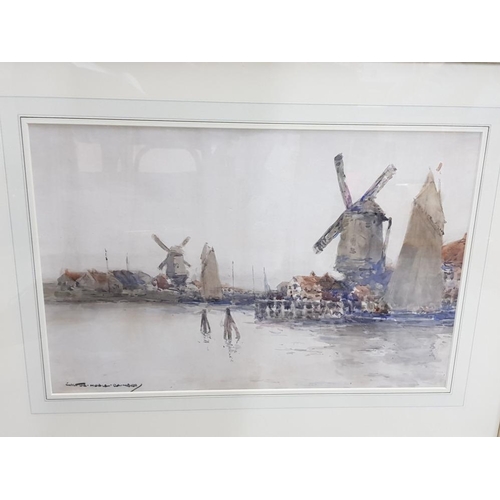 52 - FRAMED WATERCOLOUR OF WINDMILLS AND SHIPPING BY A CANAL BY VICTOR NOBLE RAINBIRD 1887- 1936 SIGNED B... 