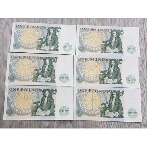 104 - 6 BANK OF ENGLAND ONE POUND NOTES SIR ISAAC NEWTON IN MINT CONDITION ALL CONSECUTIVE