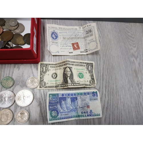 106 - BOX OF OLD VINTAGE COINS WITH 2 OLD NOTES AND A POSTAL ORDER INCLUDES, ONE PENNYS, 2 QUEEN ELIZABETH... 