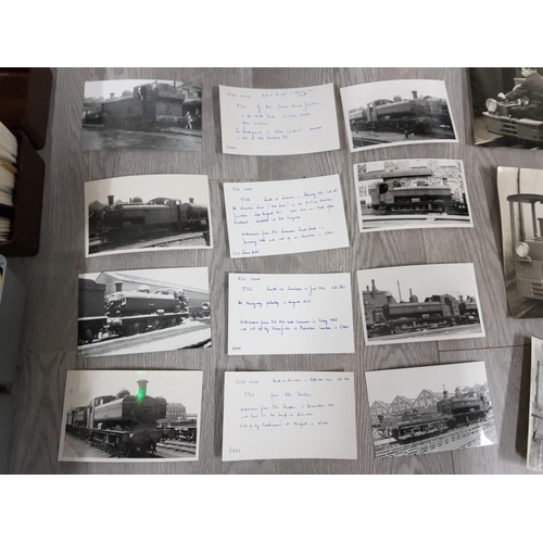 109 - LARGE COLLECTION OF BLACK AND WHITE PHOTOGRAPHS OF RAILWAY TRAINS WITH HAND WRITTEN DESCRIPTIONS ON ... 