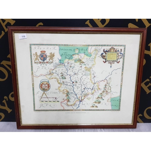 115 - FRAMED REPRODUCTION COUNTY MAP SAXTONS MAP OF WORCESTERSHIRE 1577 IN THE STYLE OF JOHN SPEED  69 X 5... 