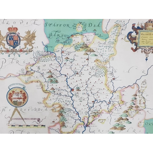 115 - FRAMED REPRODUCTION COUNTY MAP SAXTONS MAP OF WORCESTERSHIRE 1577 IN THE STYLE OF JOHN SPEED  69 X 5... 