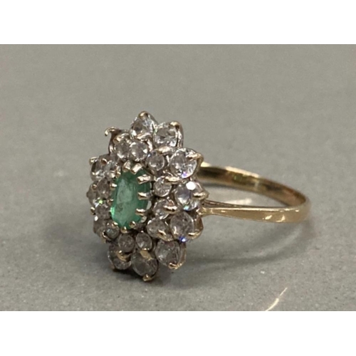 229 - 9CT YELLOW GOLD EMERALD AND CZ 3 ROW CLUSTER RING ONE CZ MISSING SIZE N1/2 2.2G GROSS