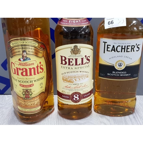 66 - 3 BOTTLES OF WHISKY INCLUDES WILLIAM GRANTS, BELLS AND TEACHERS