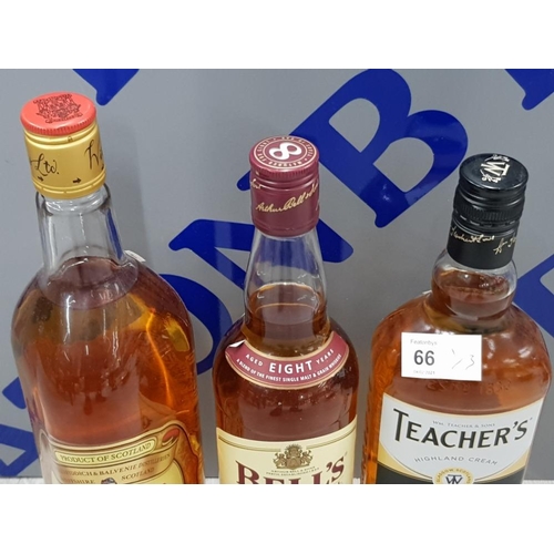 66 - 3 BOTTLES OF WHISKY INCLUDES WILLIAM GRANTS, BELLS AND TEACHERS