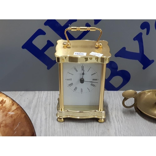 69 - MARKS AND SPENCER HAND DECORATED GOLD LEAF BOWL WITH A COLLECTION OF BRASS ITEMS , MANTLE CLOCK LOND... 