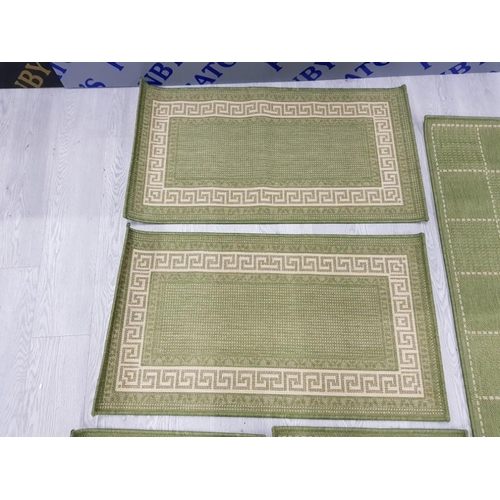 93 - 5 HALL RUGS GREEN CHECK WITH FLAT WEAVE AND GREEK GREEN 40 X 60, 60 X 110 AND 80 X 150 CM