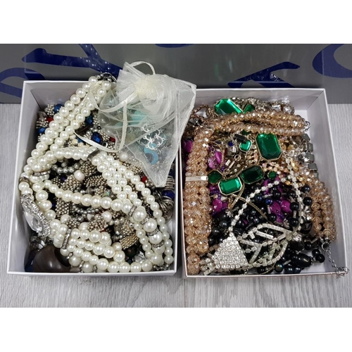 95 - 2 SMALL BOXES OF COSTUME JEWELLERY MAINLY NECKLACES WITH EARRINGS ETC