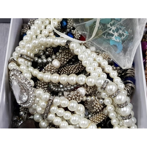 95 - 2 SMALL BOXES OF COSTUME JEWELLERY MAINLY NECKLACES WITH EARRINGS ETC