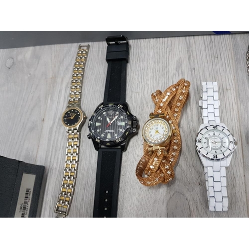 97 - 8 FASHIONABLE WRIST WATCHES WITH A COLLECTION OF COSTUME JEWELLERY INCLUDES EARINGS AND NECKLACES ET... 