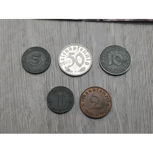 30 - 5 VARIOUS NAZI COINS INCLUDING 50 PFENNIG 1939 2 PFENNIG 1943 10 PFENNIG 1944 5 PFENNIG 1942 AND 1 P... 