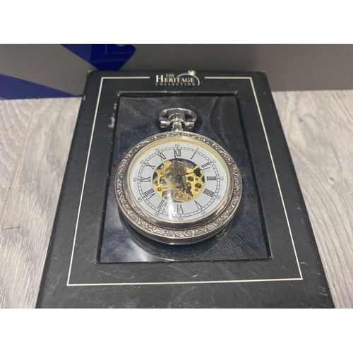 33 - A TIN OF TWELVE LADIES WRISTWATCHES ALONGSIDE A BOXED HERITAGE COLLECTION SKELETON POCKET WATCH INCL... 