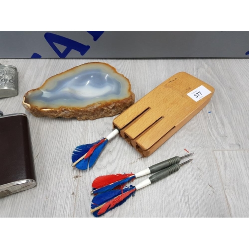 377 - COLLECTABLE MIXED ITEMS INCLUDES AGATE ASHTRAY,  VINTAGE DARTS IN WOODEN CASE AND 4 WHISKY FLASKS