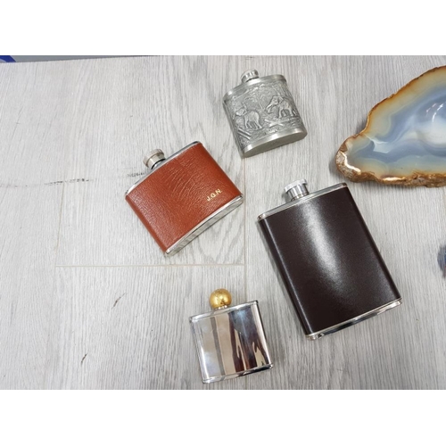 377 - COLLECTABLE MIXED ITEMS INCLUDES AGATE ASHTRAY,  VINTAGE DARTS IN WOODEN CASE AND 4 WHISKY FLASKS