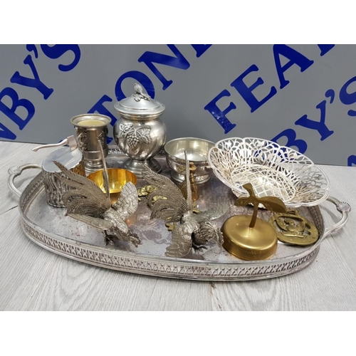 387 - METAL WARE INCLUDING A PAIR OF SPELTER ROOSTERS, LARGE SILVER PLATE LEGACY TRAY, AXE IN TREE STUMP P... 