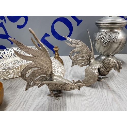 387 - METAL WARE INCLUDING A PAIR OF SPELTER ROOSTERS, LARGE SILVER PLATE LEGACY TRAY, AXE IN TREE STUMP P... 