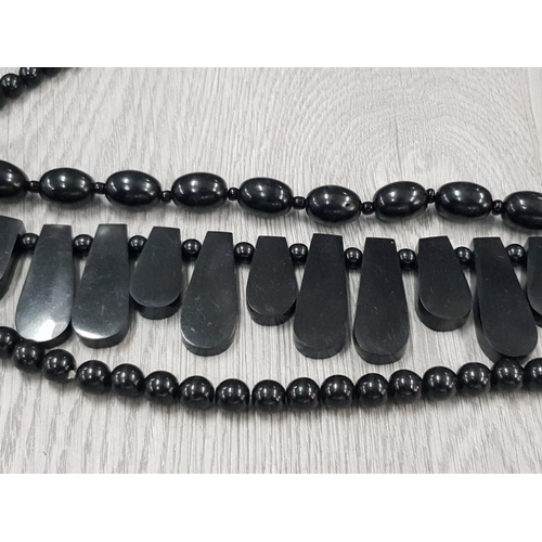 39 - 3 FRENCH JET BEAD NECKLACES 1 OVER THE HEAD 32" 1 WITH SAME SIZED OVAL BEADS 25" AND 1 WIT... 