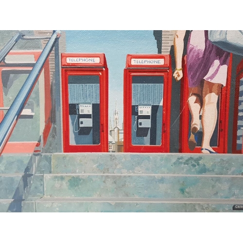 40 - AN OIL PAINTING ON BOARD NEWCASTLE TELEPHONE BOXES SIGNED CEASER 1985 17X12 INCHES