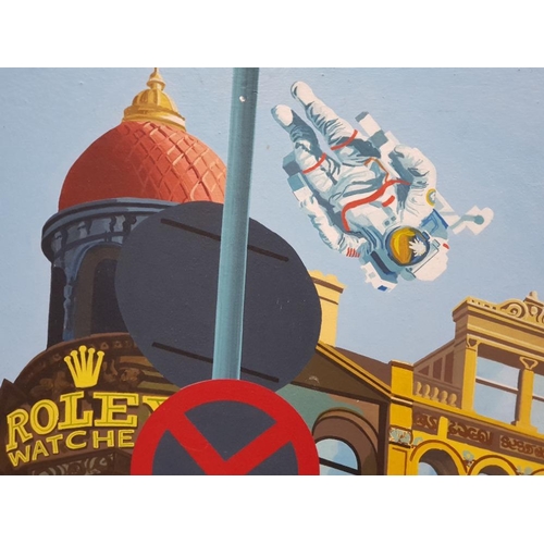 42 - VERY LARGE OIL PAINTING ON BOARD OF THE NORTHERN GOLDSMITHS CLOCK IN NEWCASTLE WITH WITH A SPACE MAN... 