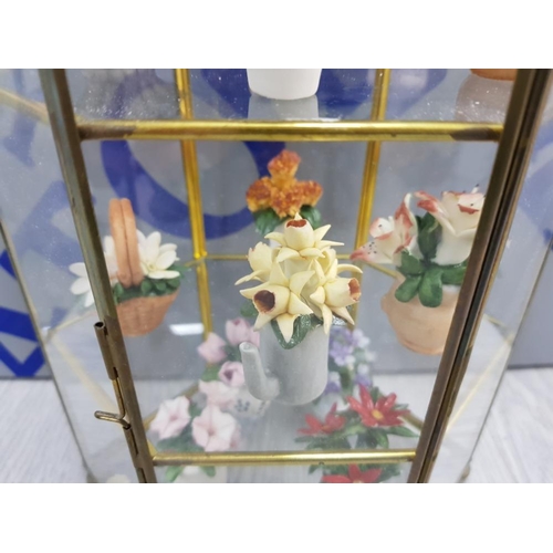 49 - GLASS DISPLAY TABLE CABINET WITH MINATURE PORCELAIN FLOWER FIGURES