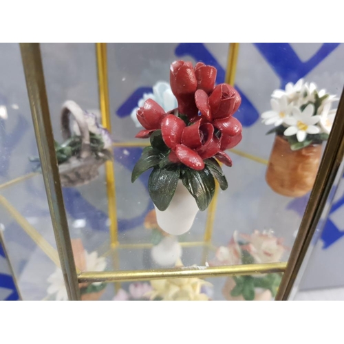 49 - GLASS DISPLAY TABLE CABINET WITH MINATURE PORCELAIN FLOWER FIGURES