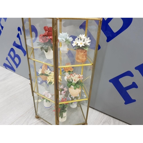 49 - GLASS DISPLAY TABLE CABINET WITH MINATURE PORCELAIN FLOWER FIGURES