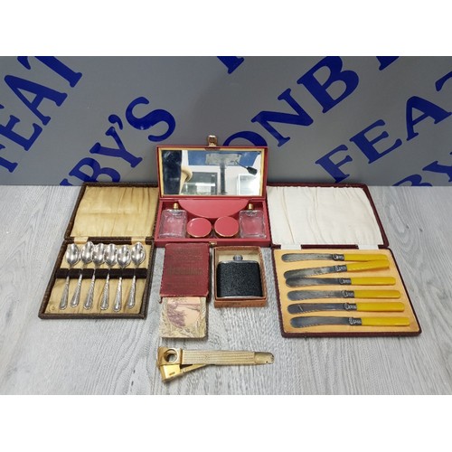 159 - MISCELLANEOUS ITEMS TO INCLUDE CUTLERY SETS PANAMA SOUVENIR PLAYING CARDS CIGAR CUTTER FLAST ETC