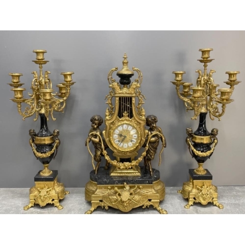 1 - BEAUTIFUL MODERN FRENCH CLOCK WITH MATCHING PAIR CANDELABRAS SET WITH MARBLE AND GOLD DESIGN