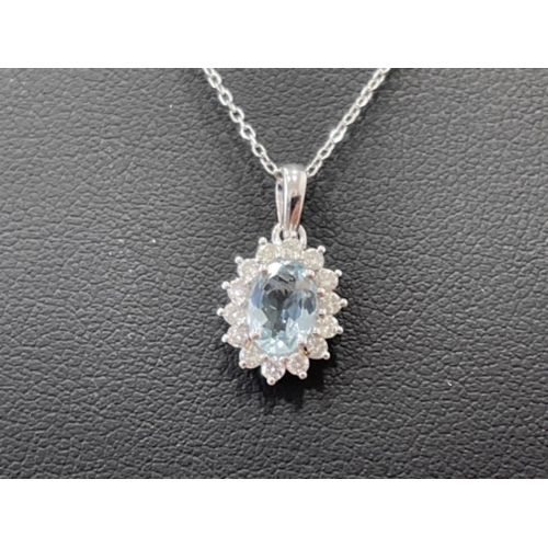 51 - 9CT WHITE GOLD DIAMOND AQUAMARINE PENDANT AND CHAIN 1CT