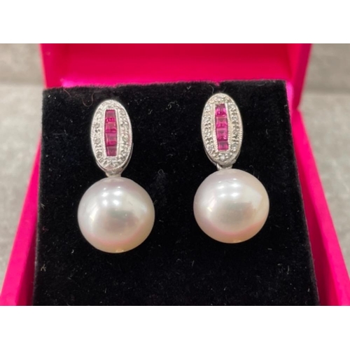 62 - PAIR OF 18CT WHITE GOLD PINK SAPPHIRE AND PEARL DROP EARRINGS