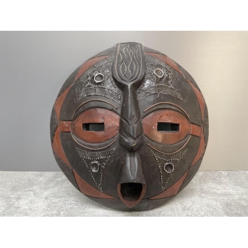 72 - AFRICAN GHANIAN TRIBAL ROUND MASK WOOD AND METAL