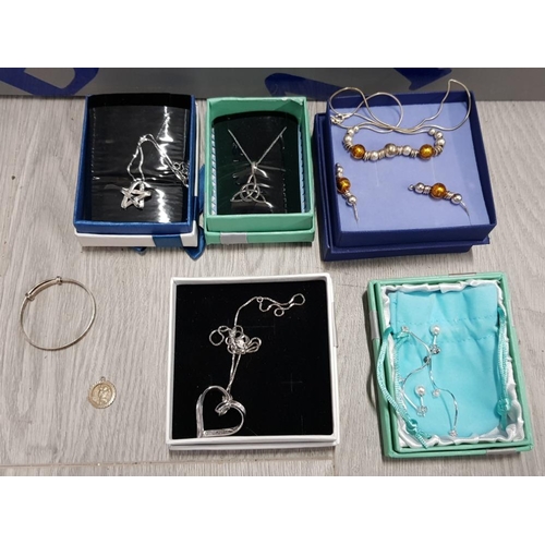 108 - 4 SILVER NECKLACES AND PENDANTS, SILVER EARRINGS, SILVER KIDS BANGLE AND A SILVER RELIGIOUS PENDANT