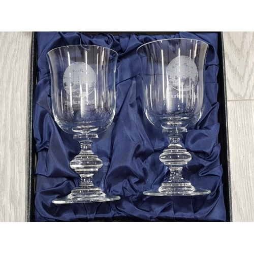 113 - 2 DECORATIVE STUART CRYSTAL GLASSES OF DURHAM CASTLE IN CASE