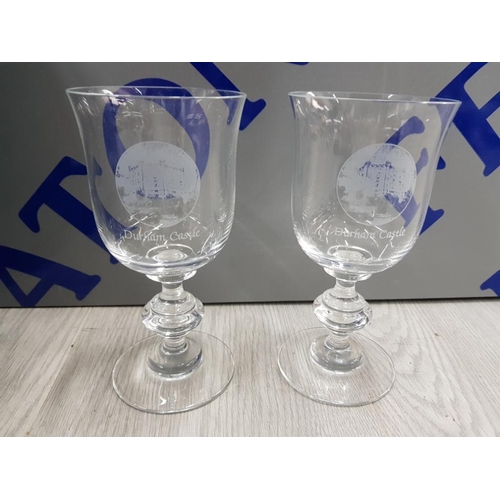 113 - 2 DECORATIVE STUART CRYSTAL GLASSES OF DURHAM CASTLE IN CASE