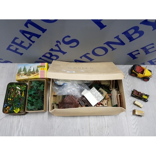 119 - MIXED ITEMS INCLUDES BRITAINS FLORAL GARDEN SET,  FALLER 318 PLASTIC MODEL TREES WITH 3 LESNEY DIECA... 