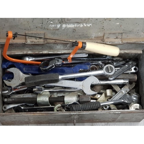 120 - METAL TOOLBOX CONTAINING LARGE COLLECTION OF TOOLS SOME VINTAGE INCLUDES SPANNERS, SCREWDRIVERS AND ... 