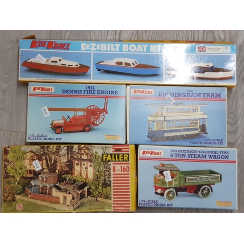 138 - 4 KEIL KRAFT MODEL KITS INCLUDES EEZEBILT BOAT KITS BIRMINGHAM TRAM DENNIS FIRE ENGINE ALSO TOGETHER... 