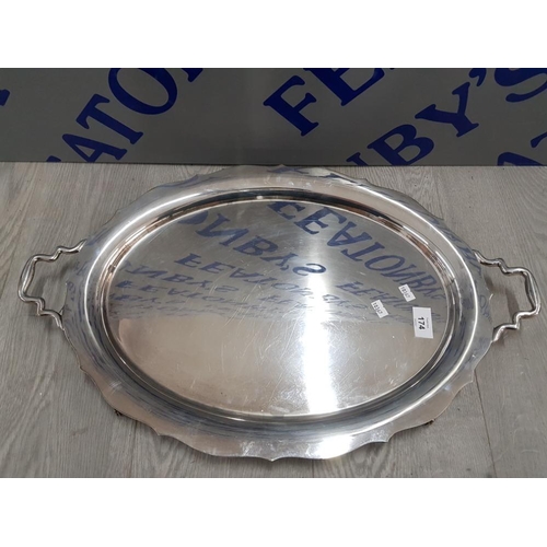 174 - LARGE OVAL KINGSWAY PLATE CHROMED BUTLERS TRAY WITH CAST SIDE HANDLES