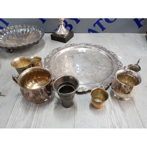 179 - COLLECTION OF SILVER PLATED AND OTHER METAL ITIMS INCLUDES INSCRIBED TROPHY, SILVER PLATED KANGAROO ... 