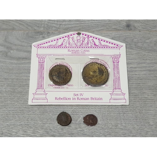 201 - 2 ROMAN REPRODUCTION COINS ON CARD PLUS 2 ORIGINAL ROMAN COINS CLEAR PORTRAIT