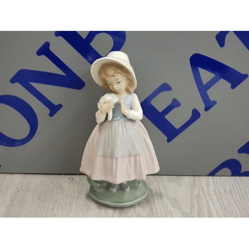 21 - NAO BY LLADRO GIRL PINK DRESS BLUE APRON WITH HAT AND FLOWERS