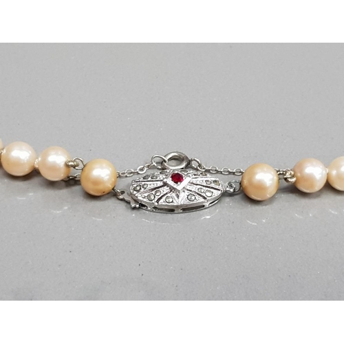 247 - PEARL NECKLET WITH SILVER AND MARCASITE CATCH AND SAFETY CHAIN IN CASE